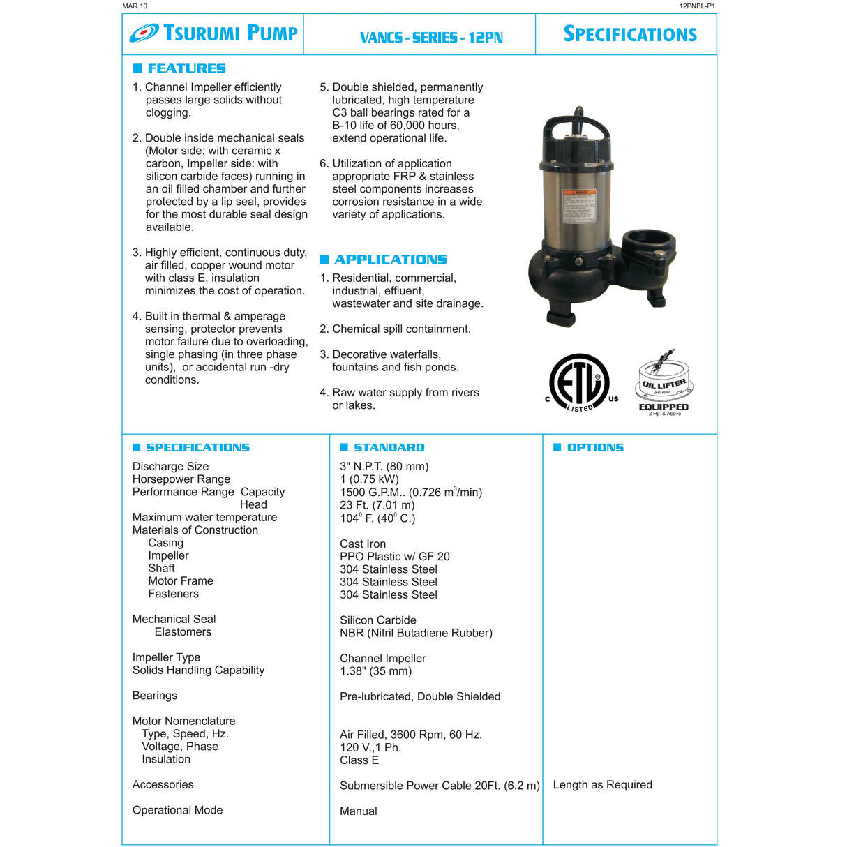 Tsurumi 1 H.P. 1/115V 12PN Submersible Pond Pump