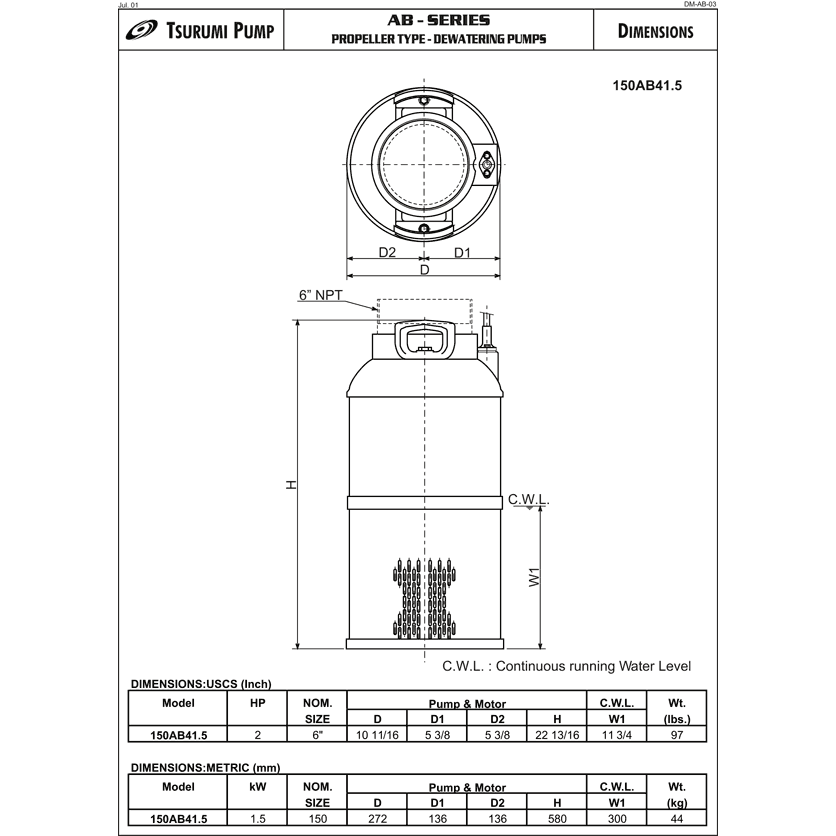 Tsurumi 150AB41.5 Submersible Pond Pump