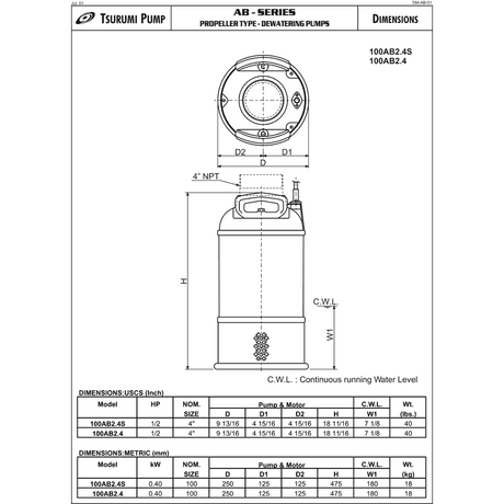 Tsurumi 100AB2.4S Submersible Pond Pump