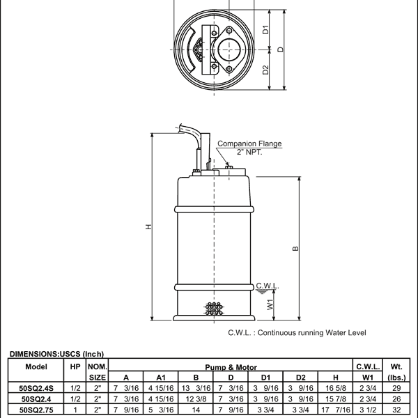 Tsurumi 50SQ2.75 Stainless Steel Sump Pump