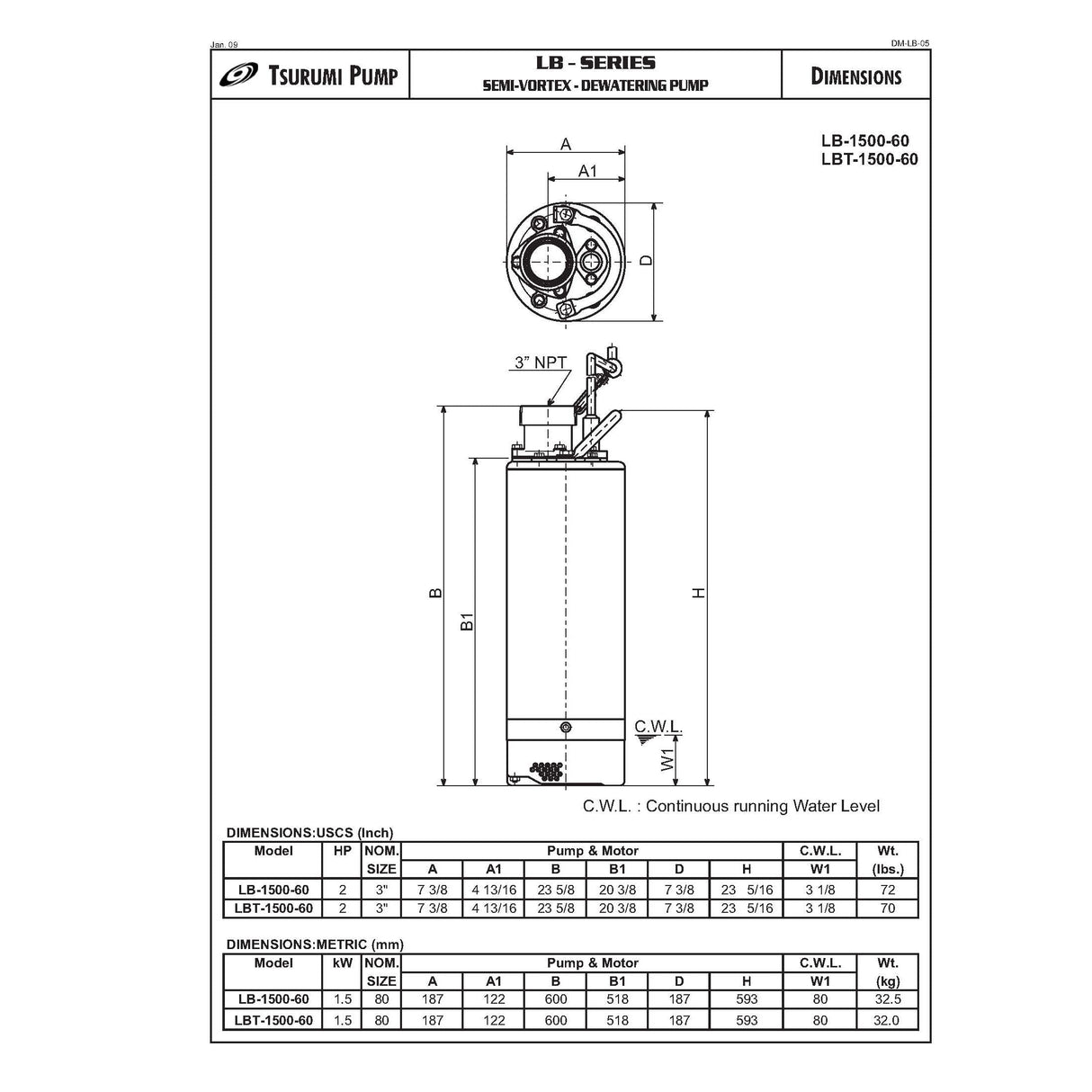 Tsurumi LB(T)-1500 Sump Pump