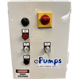 Duplex control panel for Three (3) phase submersible pumps with electronic alternation and high water alarm. 1 H.P. to 3