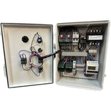 Duplex control panel for Three (3) phase submersible pumps with electronic alternation and high water alarm. 1 H.P. to 3