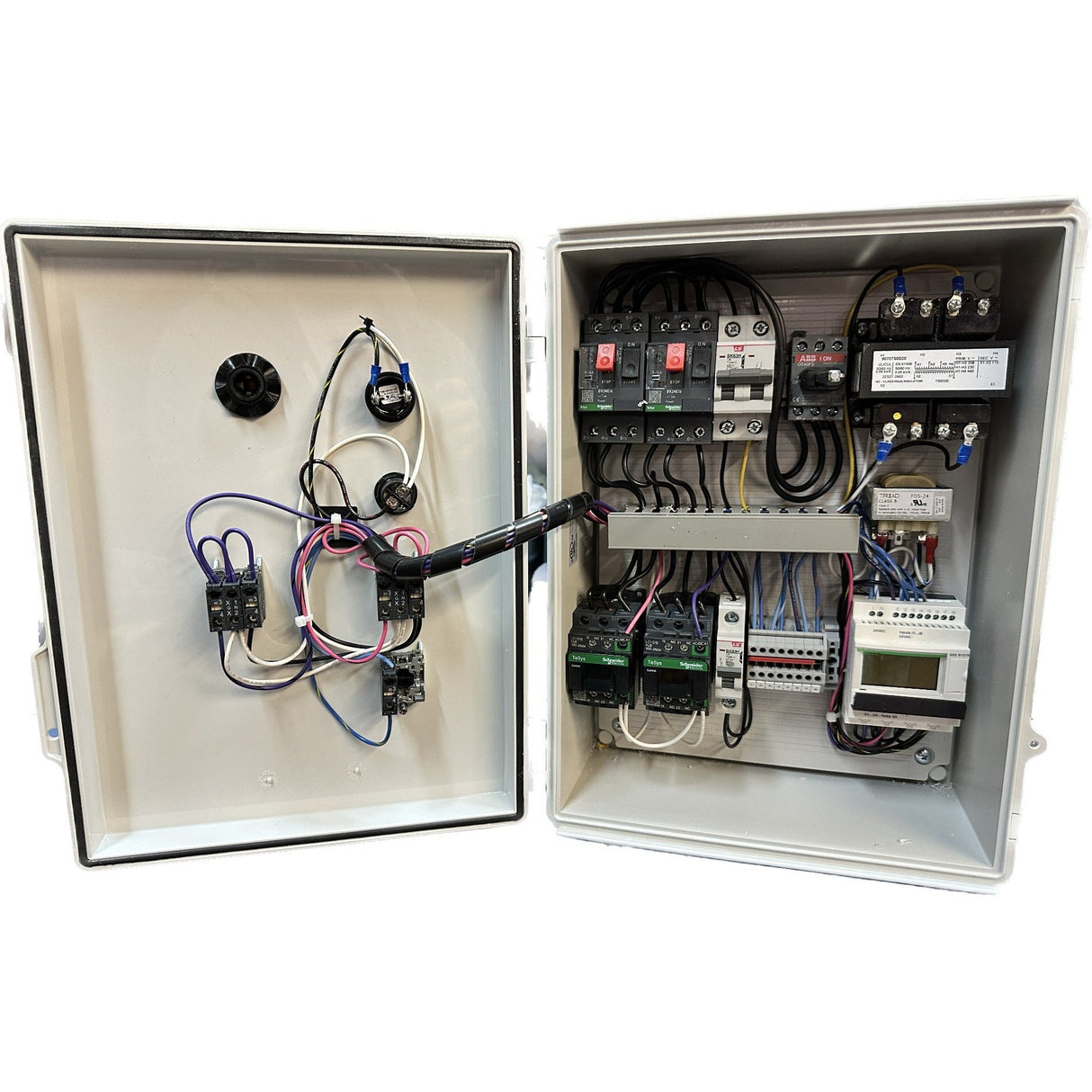 Duplex control panel for three (3) phase submersible pumps with electronic alternation and high water alarm. 5 H.P. to 7