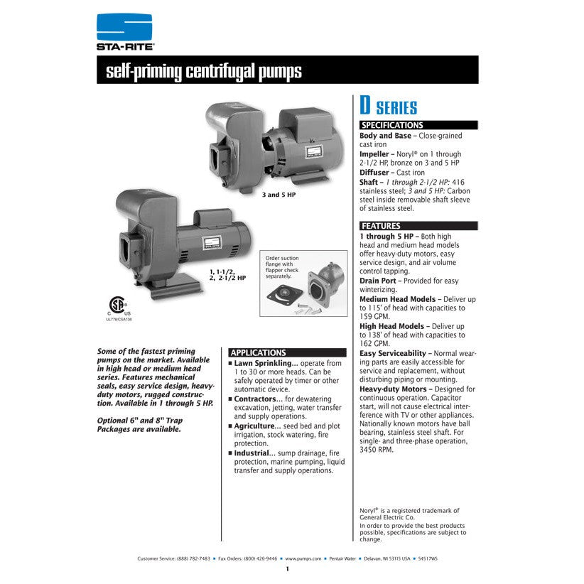 Sta-Rite DHE 1 H.P. 1/115-220V, Self Priming Centrifugal Pump with a 1-1/2" discharge.