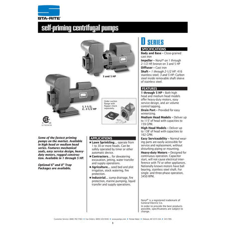 Sta-Rite DHE3 1 H.P. 3/220-460V, Self Priming Centrifugal Pump with a 1 1/2" discharge.