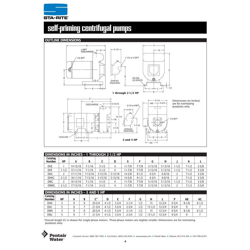 Sta-Rite DHE3 1 H.P. 3/220-460V, Self Priming Centrifugal Pump with a 1 1/2" discharge.