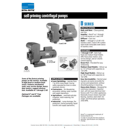 Sta-Rite DHHG 2 1/2 H.P. 1/220V, Self Priming Centrifugal Pump with a 2" discharge.