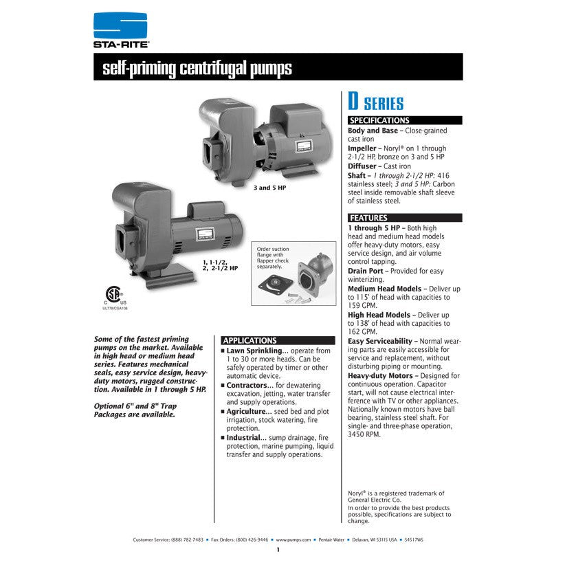 Sta-Rite DHHG3 2 1/2 H.P. 3/220-460V, Self Priming Centrifugal Pump with a 2" discharge.