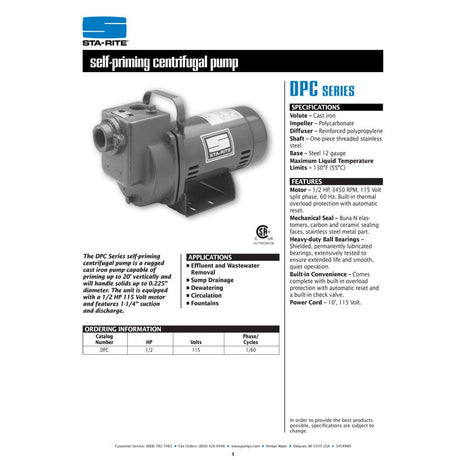 Sta-Rite DPC 1/2 H.P. 1/115V, Medium Head Centrifugal Pump.