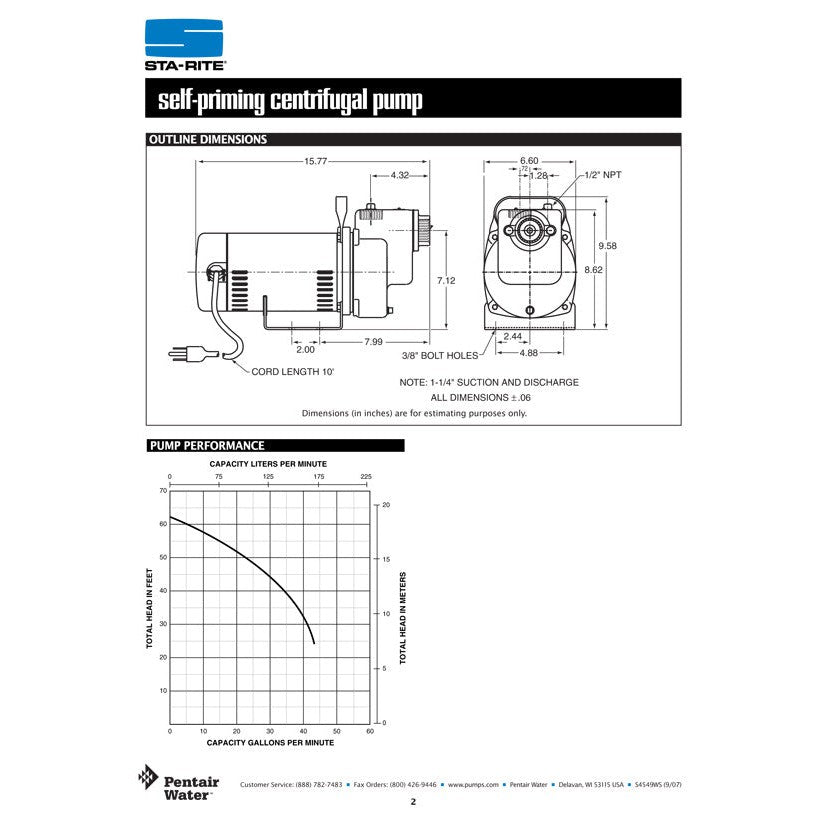 Sta-Rite DPC 1/2 H.P. 1/115V, Medium Head Centrifugal Pump.