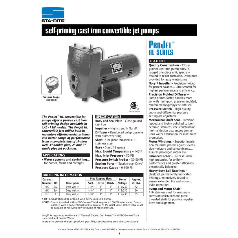 Sta-Rite HLD 3/4 H.P. 1/115-220V, Convertible Jet Pump with a 1" discharge.