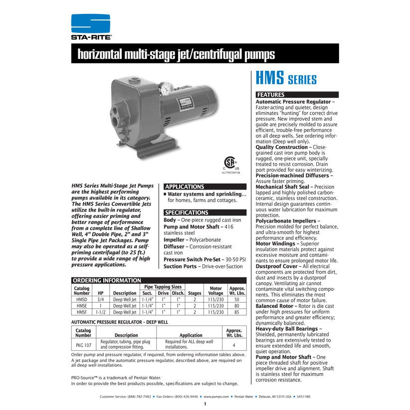 Sta-Rite HMSE 1 H.P. 1/115-220V, Horizontal Multi-Stage DeepWell Jet Pump with a 1" discharge.