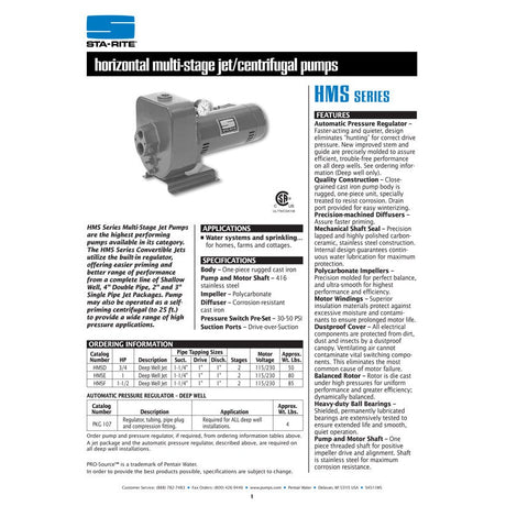 Sta-Rite HMSF 1 1/2 H.P. 1/115-220V, Horizontal Multi-Stage Deep Well Jet Pump with a 1" discharge.