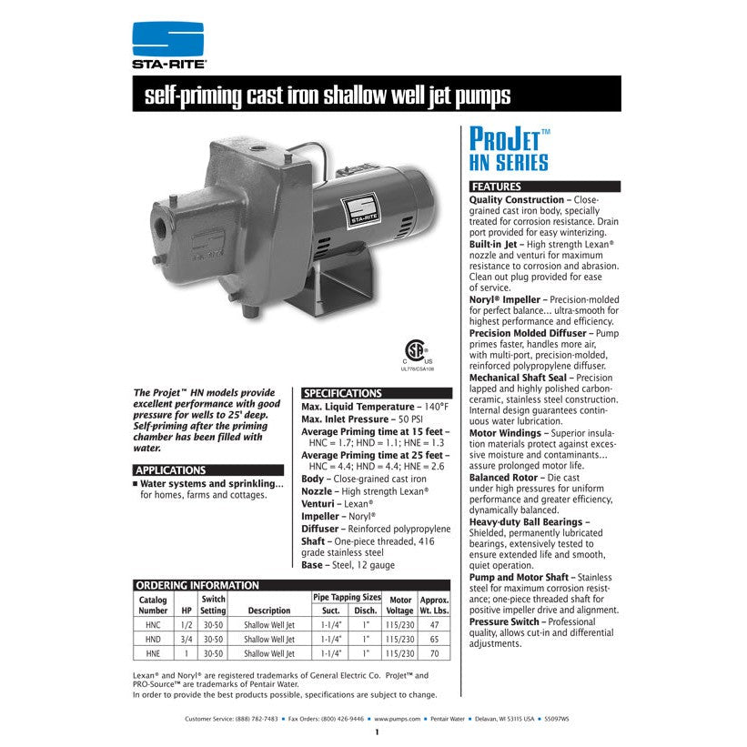 Sta-Rite HNC 1/2 H.P. 1/115-220V, Shallow Well Jet Pump with a 1" discharge.