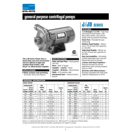 Sta-Rite JBHC 1/2 H.p. 1/115-220V, Centrifugal Pressure Boosting Pump with a 1" discharge