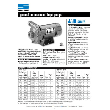 Sta-Rite JBHD 3/4 H.P. 1/115-220V, Centrifugal Pressure Boosting Pump with a 1" discharge.