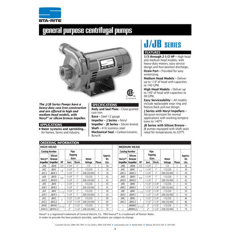 Sta-Rite JBHF 1 1/2 H.P. 1/115-220V, Centrifugal Pressure Boosting Pump with a 1" discharge.