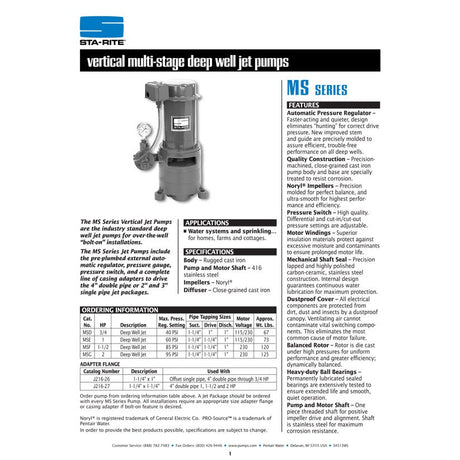 Sta-Rite MSF 1 1/2 H.P. 1/115-220V, Vertical Multi-Stage Deep Well Jet Pump.