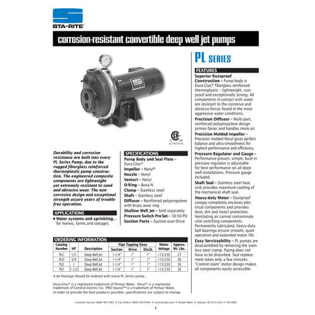 Sta-Rite PLE 1 H.P. 1/115-208V, Deep Well Jet Pump, with a 1" discharge.