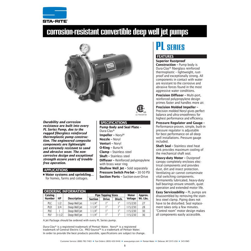 Sta-Rite PLF 1 1/2 HP Deep Well Jet Pump witha 1" discharge.