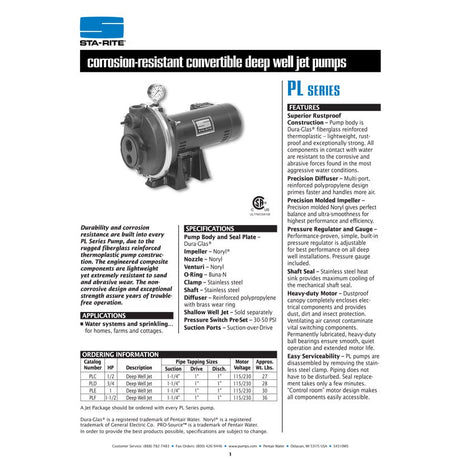 Sta-Rite PLC 1/2 H.P. 1/115-208V, Deep Well Jet Pump with a 1" discharge.